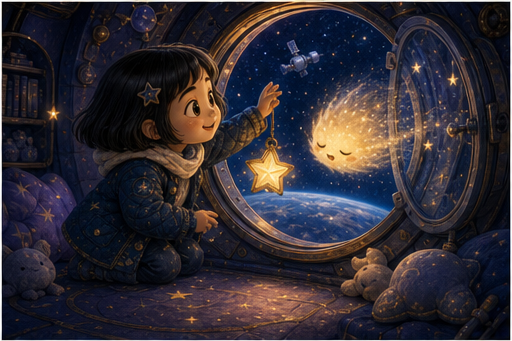 Sora opens the star window and waves with a lantern.