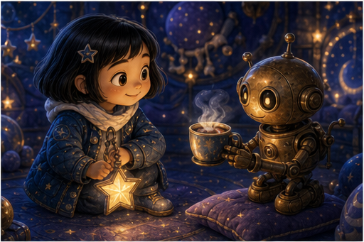 A small brass robot brings stardust cocoa to Sora.