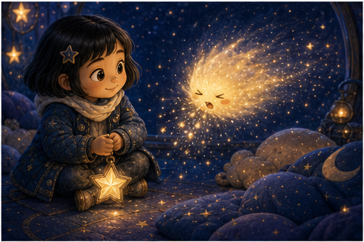 The sleepy comet sneezes sparks while Sora waits.