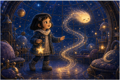 Sora follows a glowing orbit ribbon through the nursery dome.