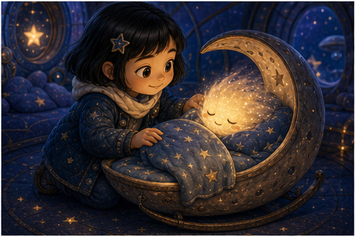 Sora tucks the sleepy comet into a moon-shaped cradle.