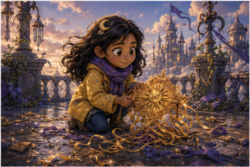 Zia finds a tangled golden kite on the hidden castle roof.
