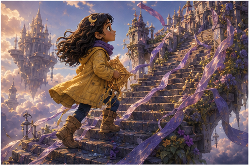 Zia climbs ribbon stairs toward the rooftop garden.