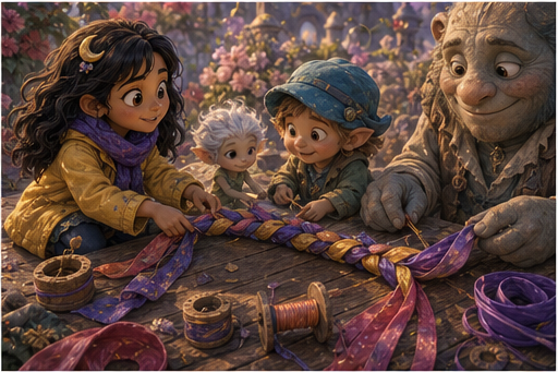 Zia and friends stitch a careful kite tail.