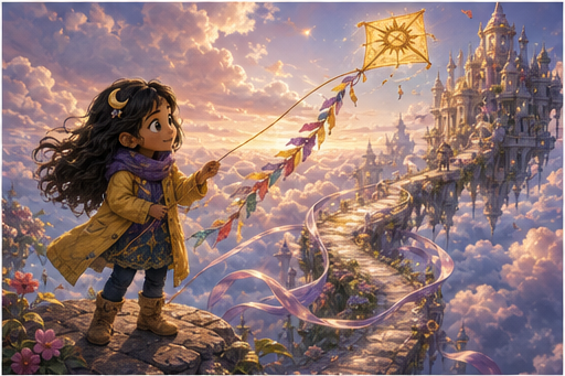 The golden kite lifts and reveals a glowing sky bridge.