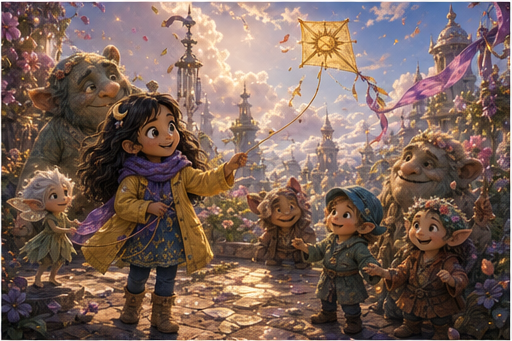 The hidden castle opens its sky garden while Zia shares the kite string.