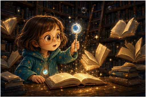 Lilia wakes the library books with a glowing moonstone key.