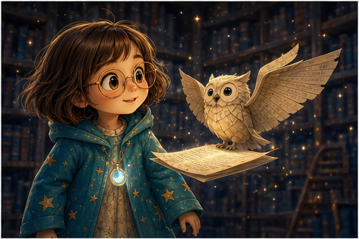 A paper owl guide appears on a floating page near Lilia.