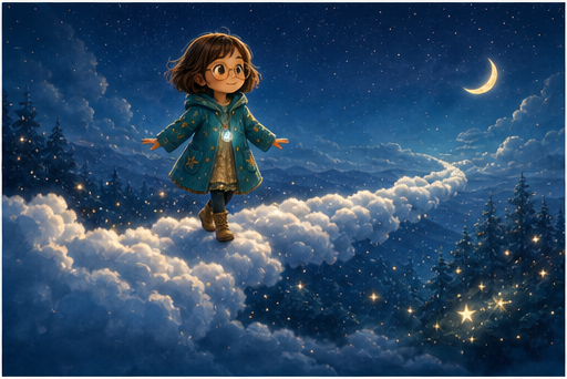Lilia steps onto a cloud bridge above a midnight forest.