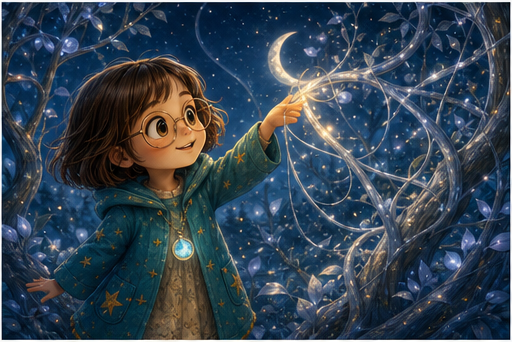 Lilia untangles moonbeams from silver branches.