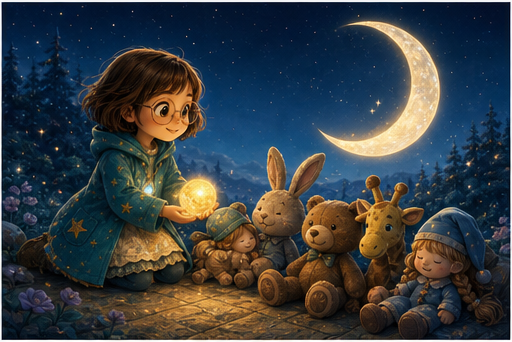 Lilia shares warm moonlight with sleepy toys in the forest.