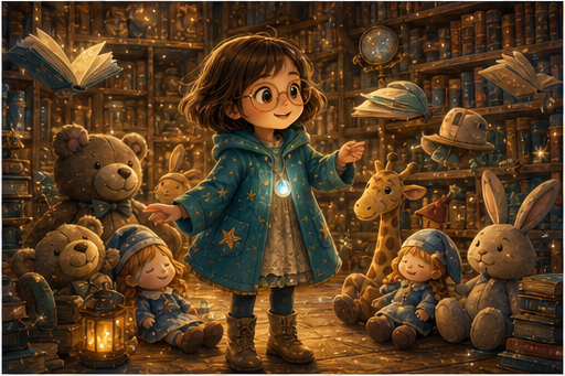 The moon library glows warmly while toys and books wake up.
