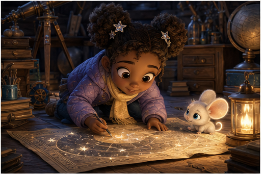 Mira studies a glowing star map on the attic floor.