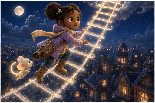 Mira and Pipp climb a ladder made of moonbeams.
