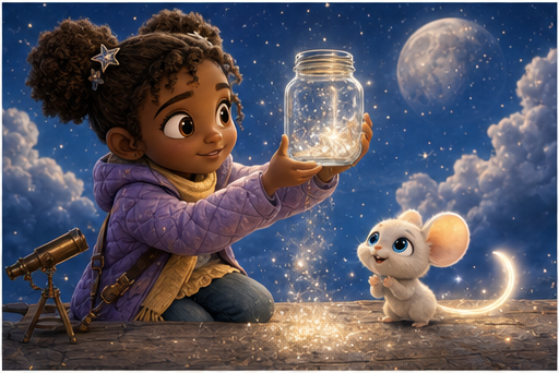 Mira gathers silver crumbs of moonlight in a jar.