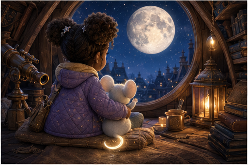 Mira and Pipp watch the moon from the attic window.