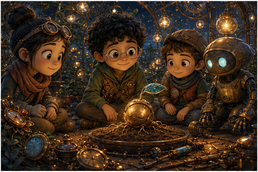 Friends sit quietly with Niko around the brass seed.