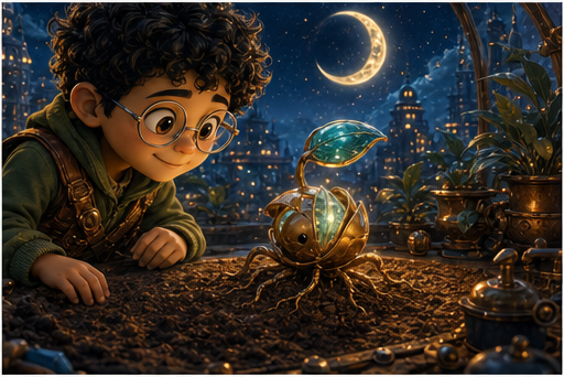 The brass seed opens one small copper root under moonlight.