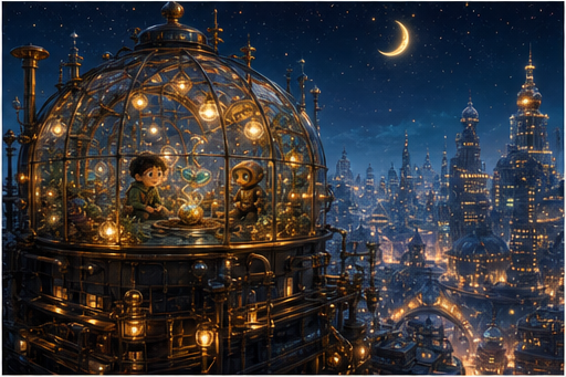 The rooftop greenhouse glows above the future city.