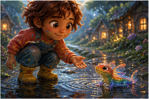 A rainbow salamander crawls from a puddle near Tavi.