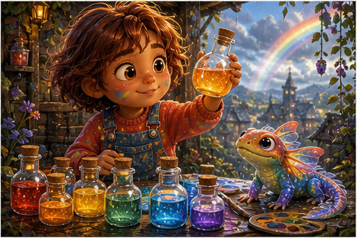 Tavi gathers color drops into small glass bottles.
