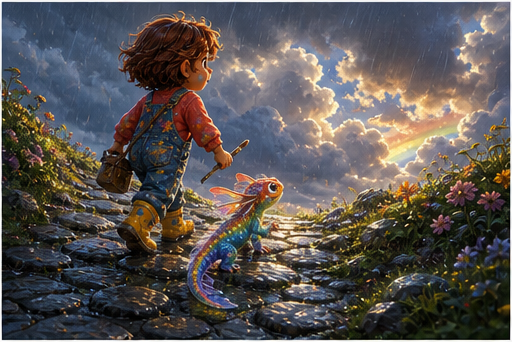 Tavi and Rill climb a wet hill beneath glowing clouds.