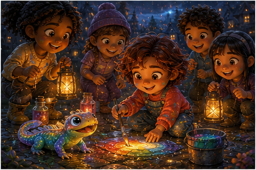 Friends hold lanterns while Tavi mends the rainbow.