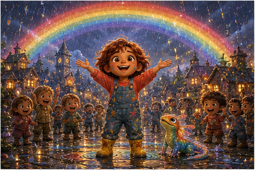 The village celebrates under a full bright rainbow.