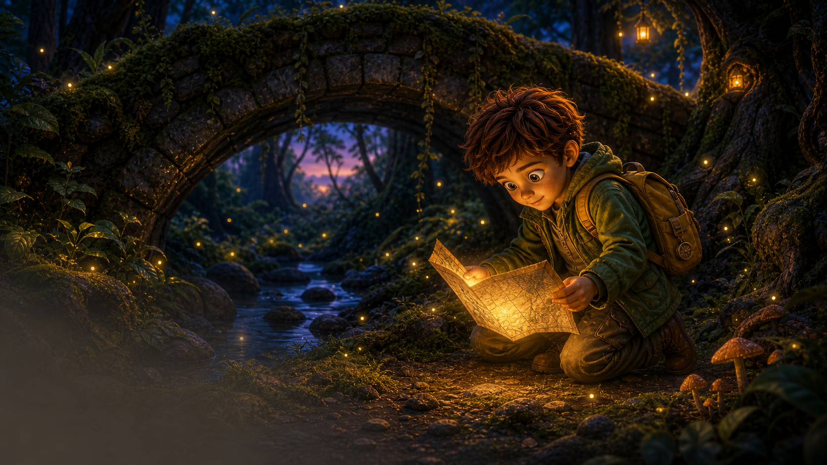 Ari finds a folded glow map under an old forest bridge.
