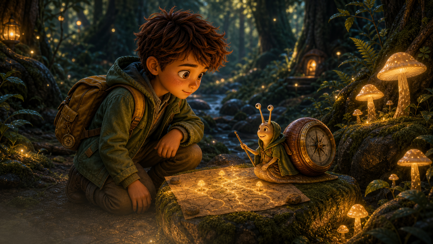 Ari meets a tiny snail cartographer beside mossy stones.