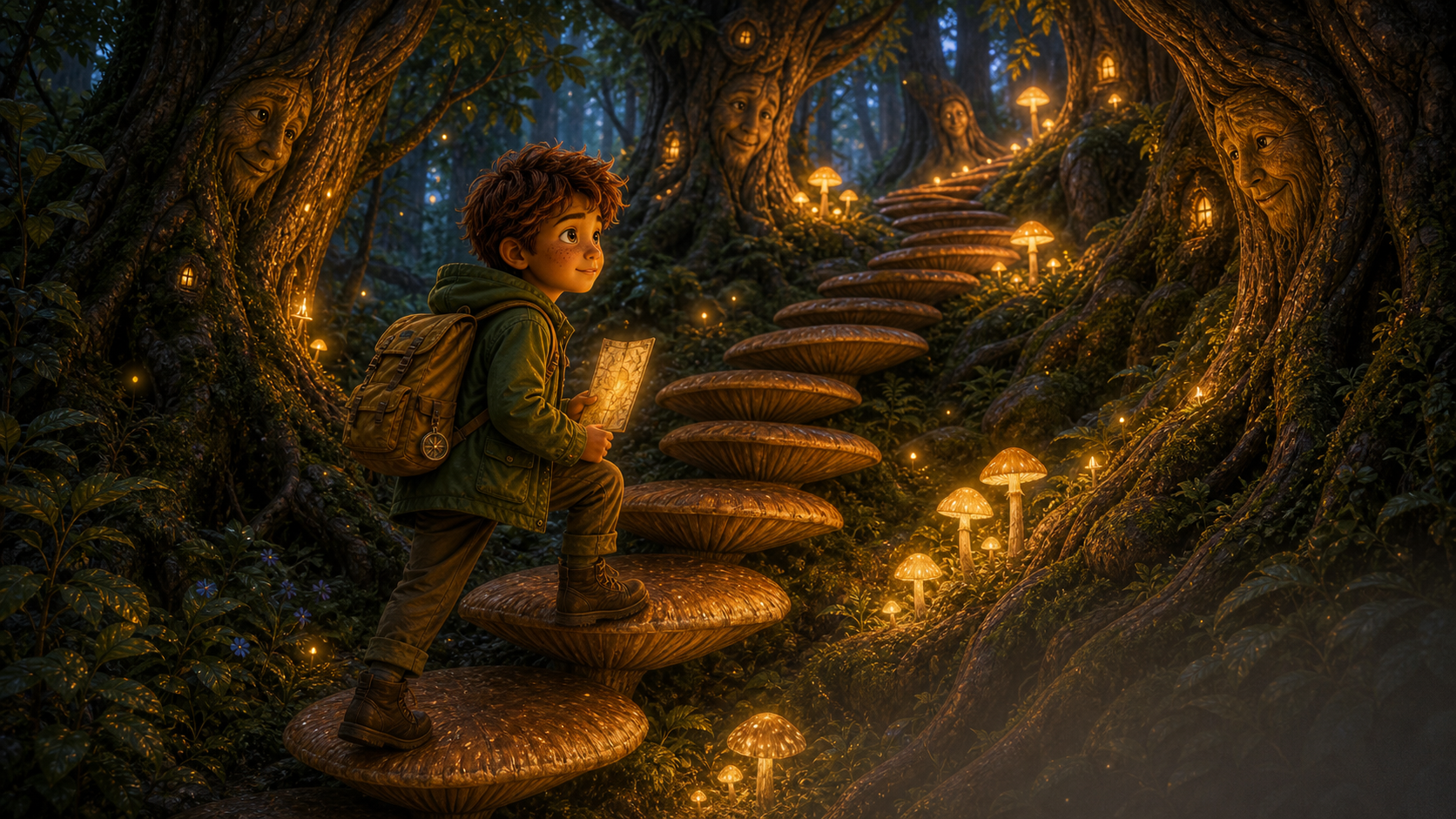 Ari climbs mushroom steps beneath whispering trees.