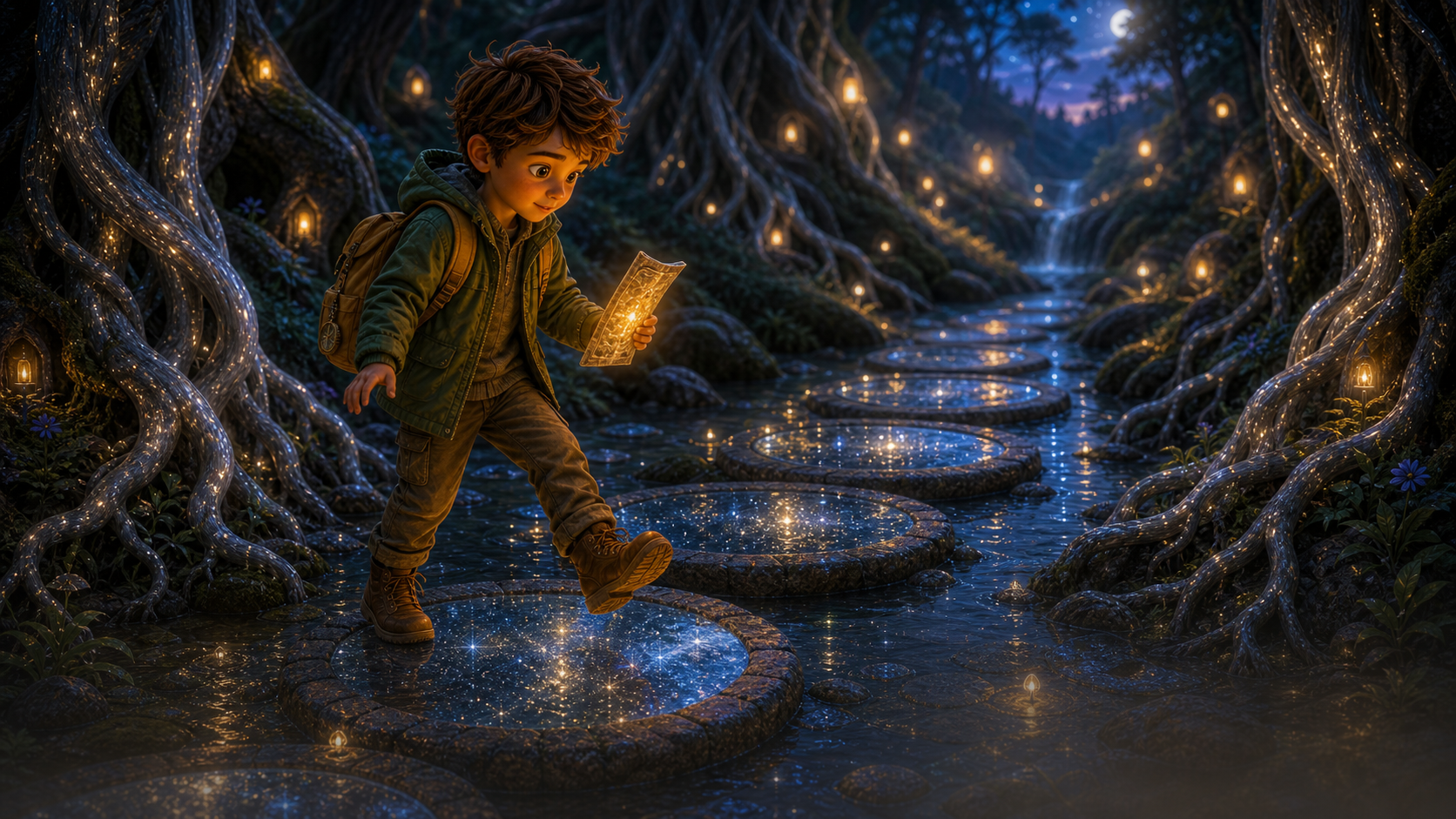 Ari crosses moon puddle stepping stones.