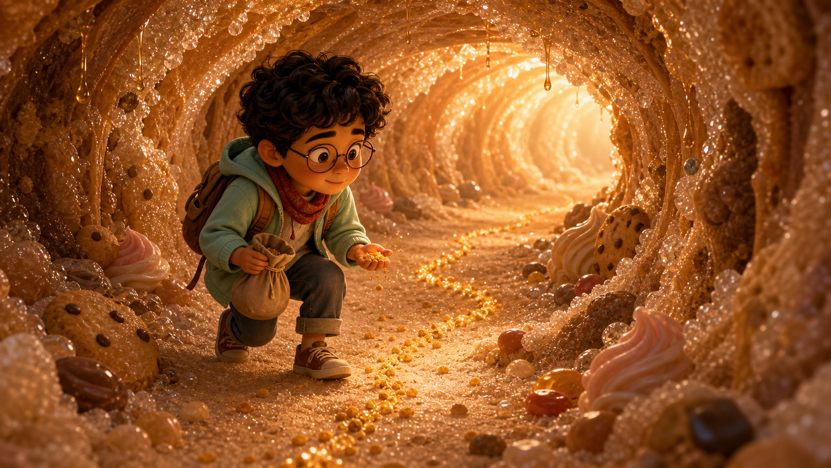 Bo follows a trail of crumbs toward a sugar tunnel.