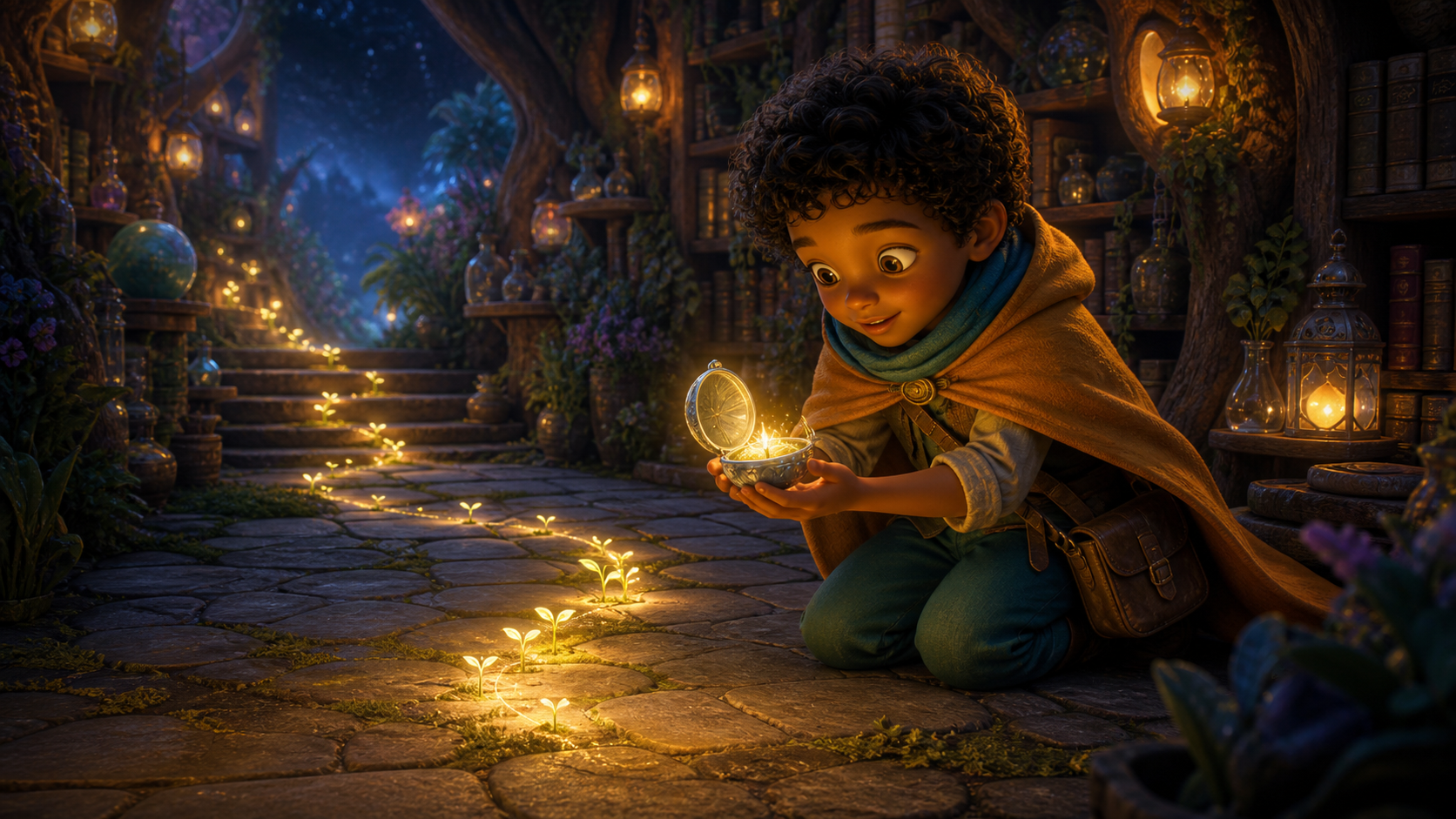 Lumi opens the compass and moon sprout lights appear on the garden-library floor.