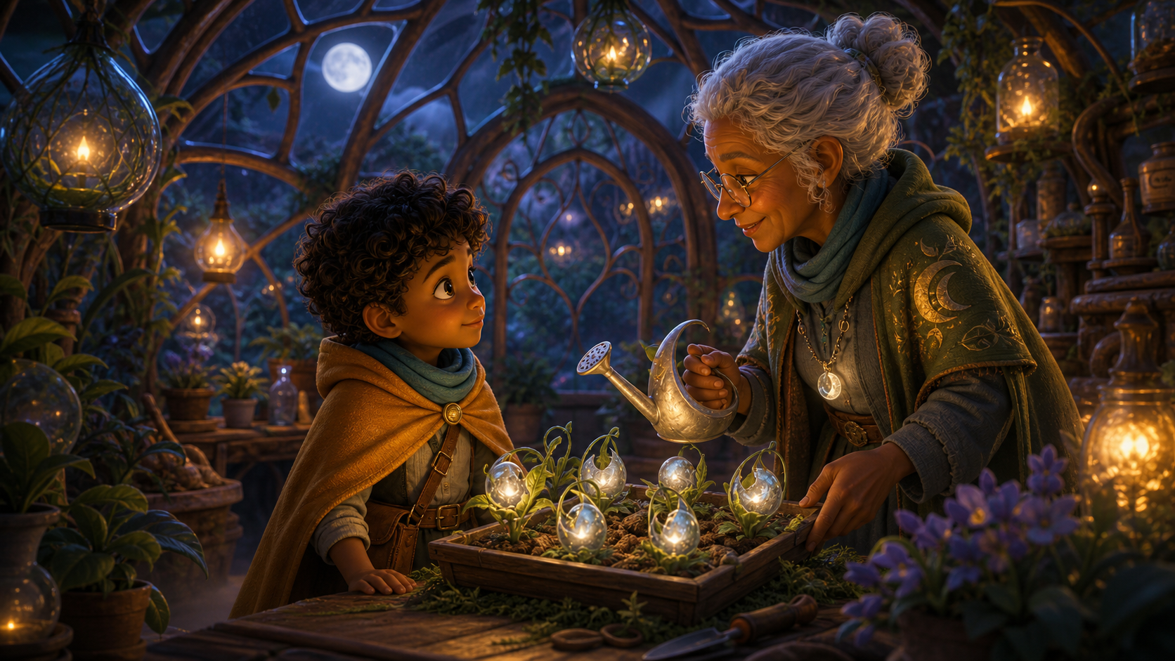 Lumi meets a kind moon gardener in a glasshouse of branches.