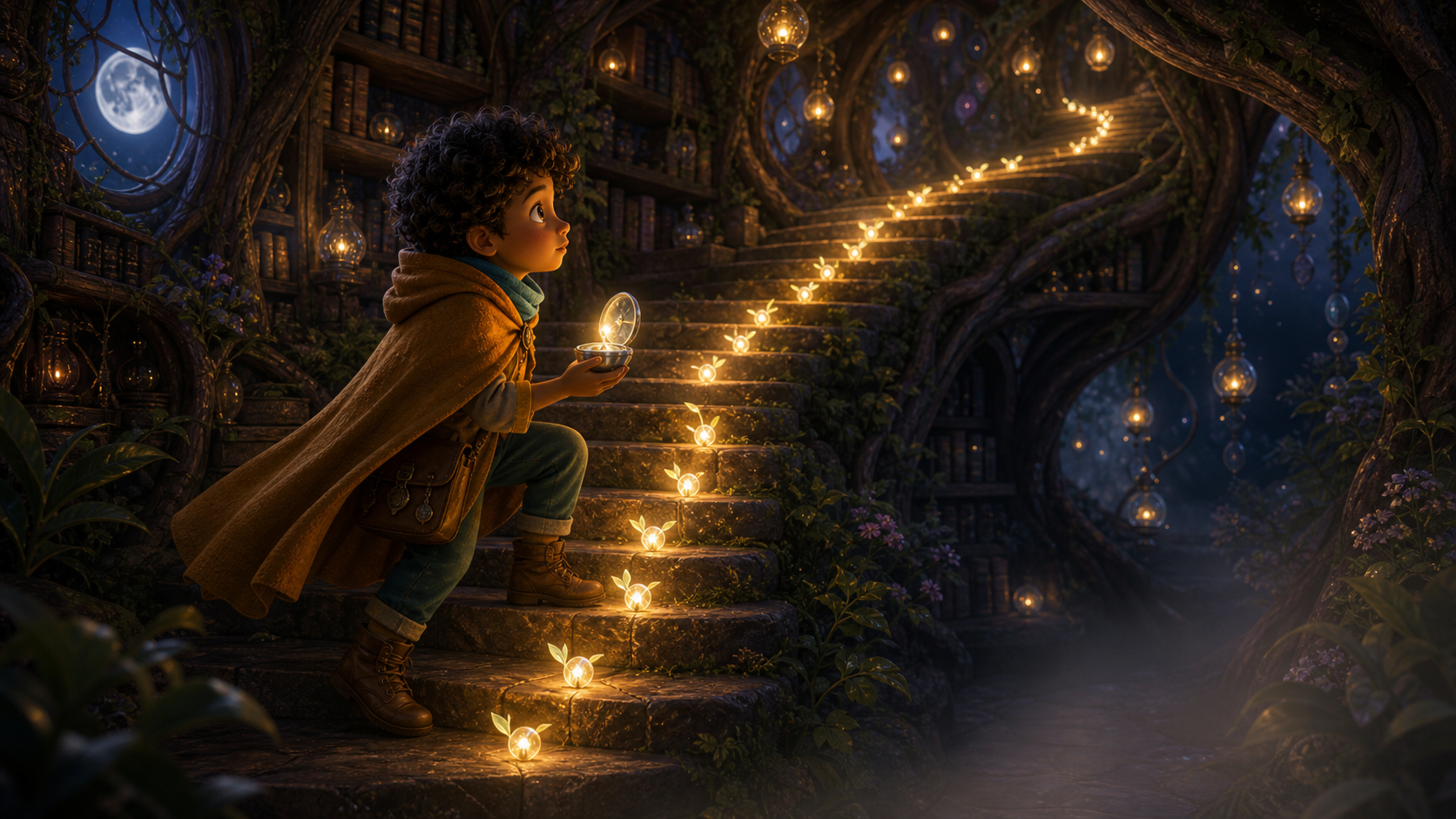 Lumi follows glowing moon sprouts up a root-and-stone staircase.