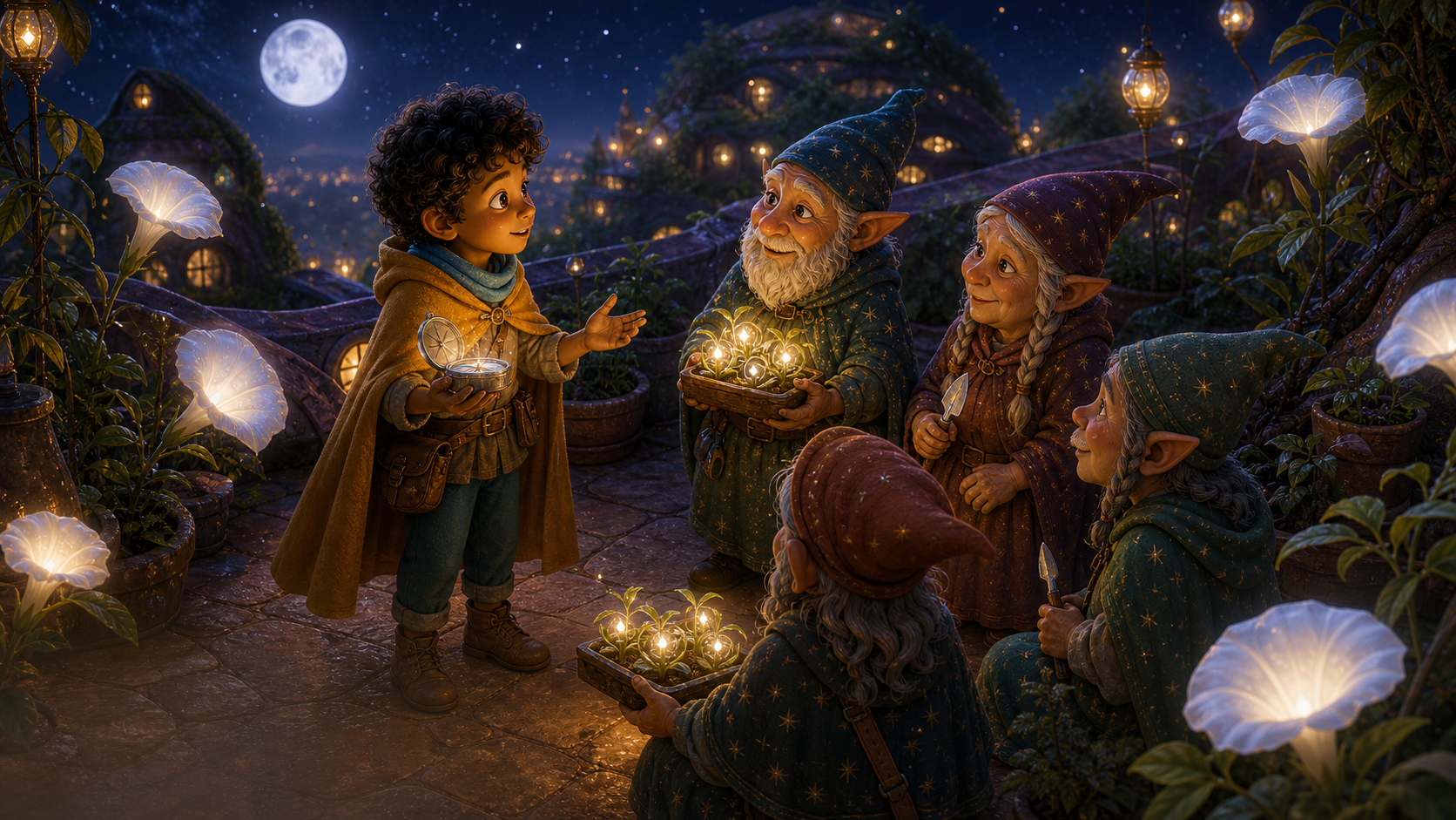 Lumi asks rooftop gardeners for help with the moonseed path.