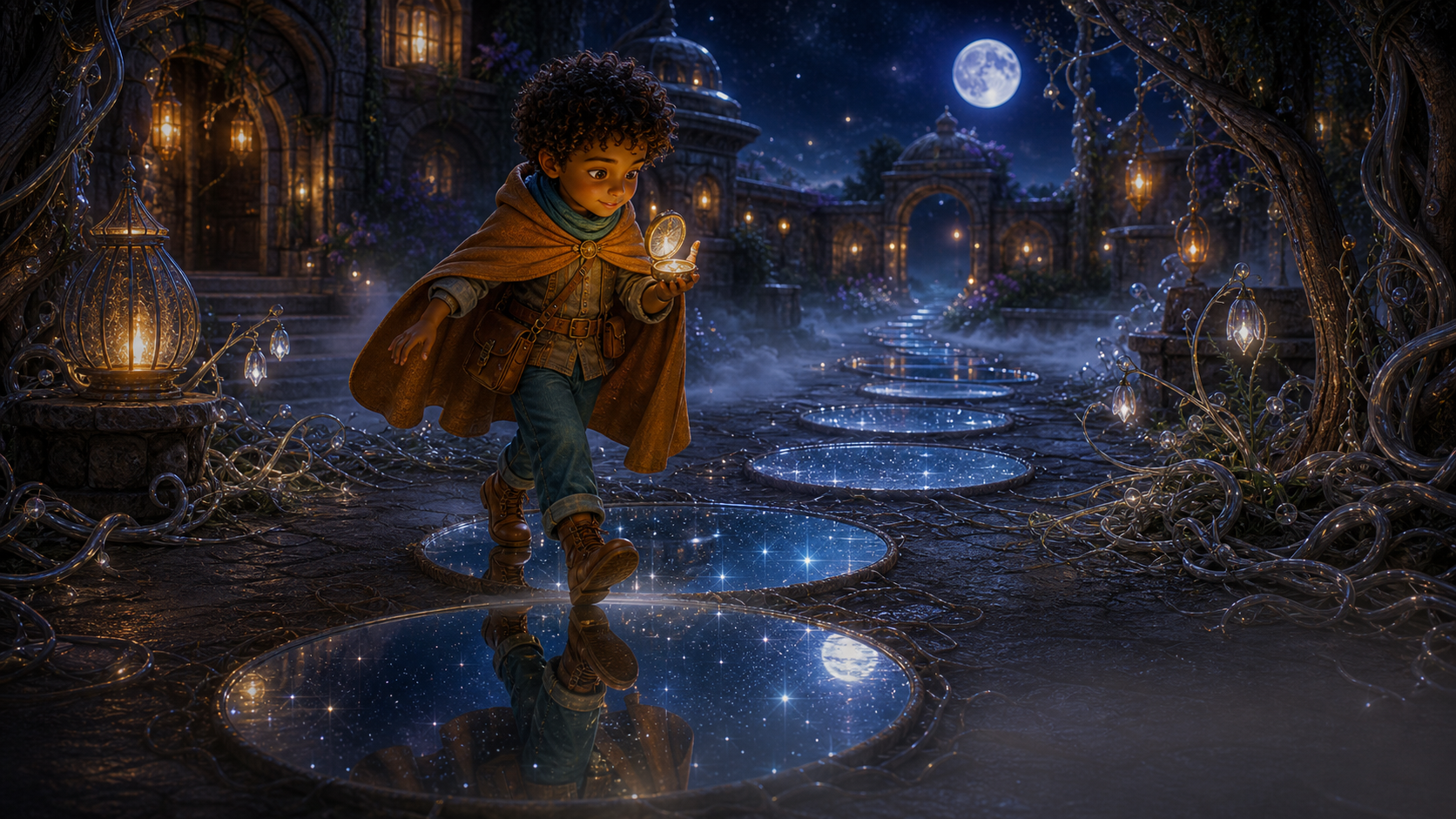 Lumi crosses mirror-like moon puddles between silver roots.