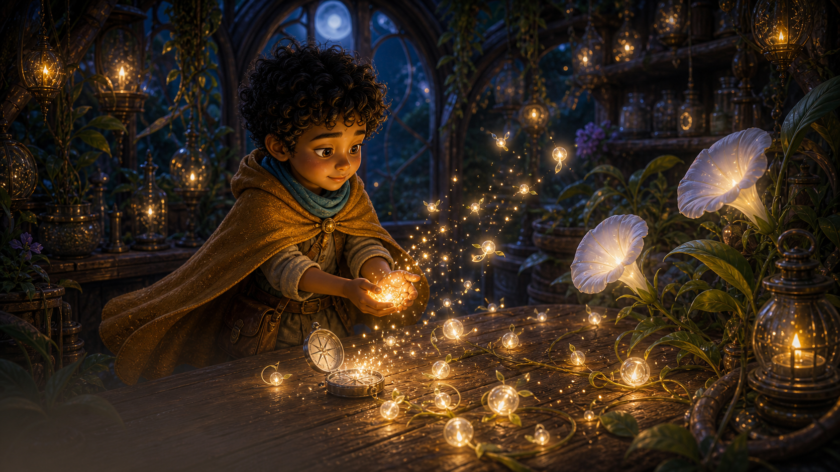 Lumi gathers scattered moonseed sparks at a greenhouse table.