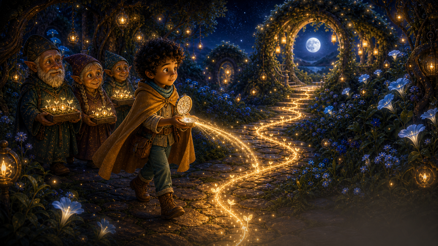 The repaired compass reveals a glowing path toward a moonlit arbor.