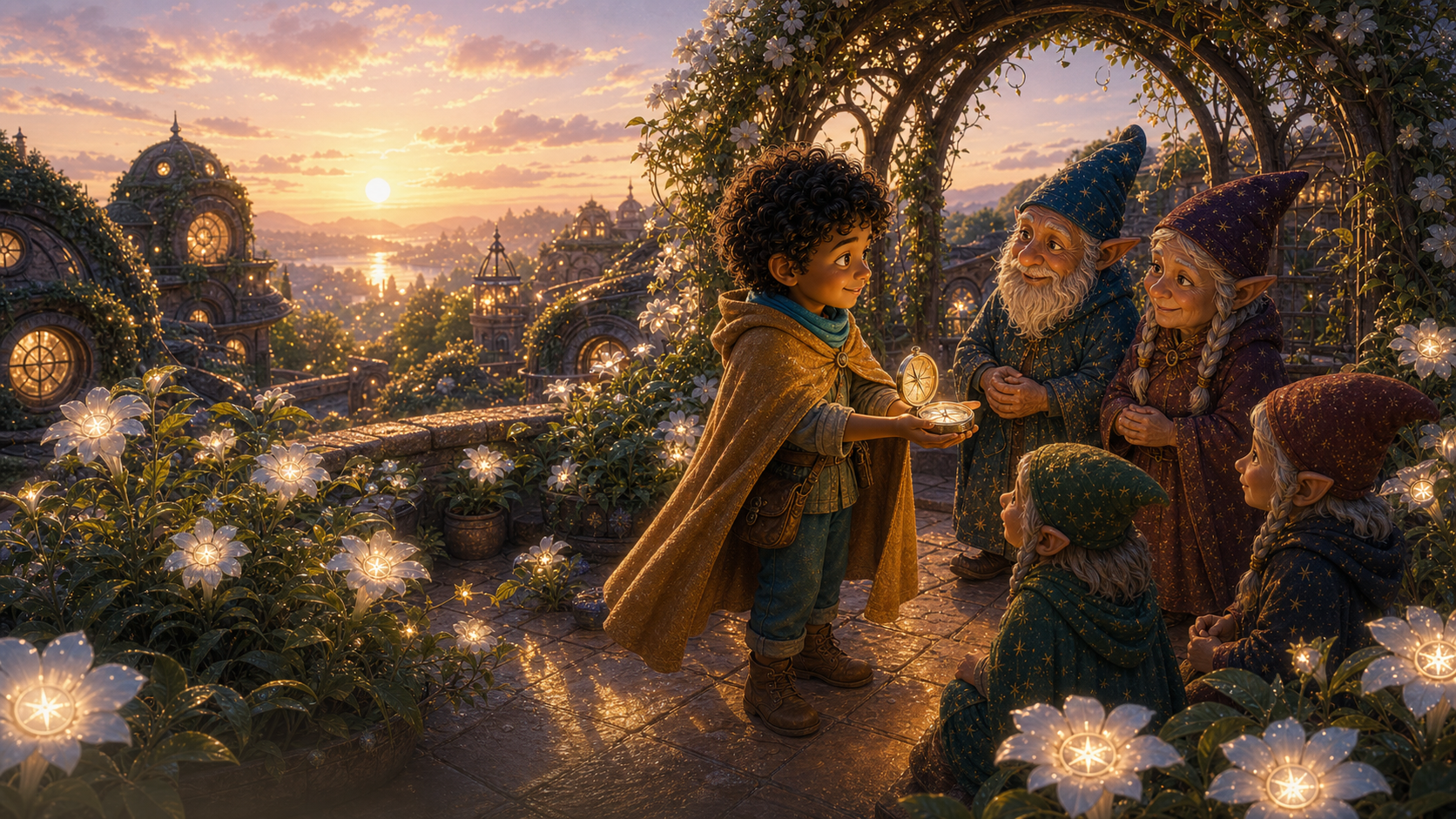 Moonseed flowers bloom across the garden-library roof as Lumi shares the compass.
