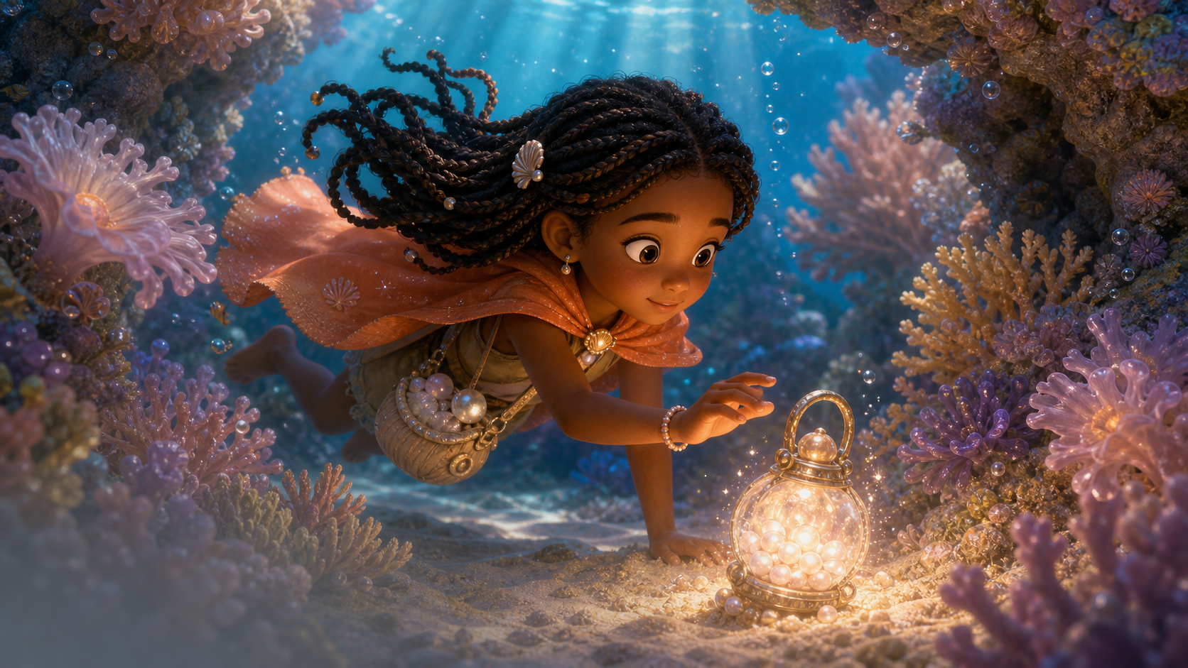 Mina finds a pearl lantern flickering in a coral garden.