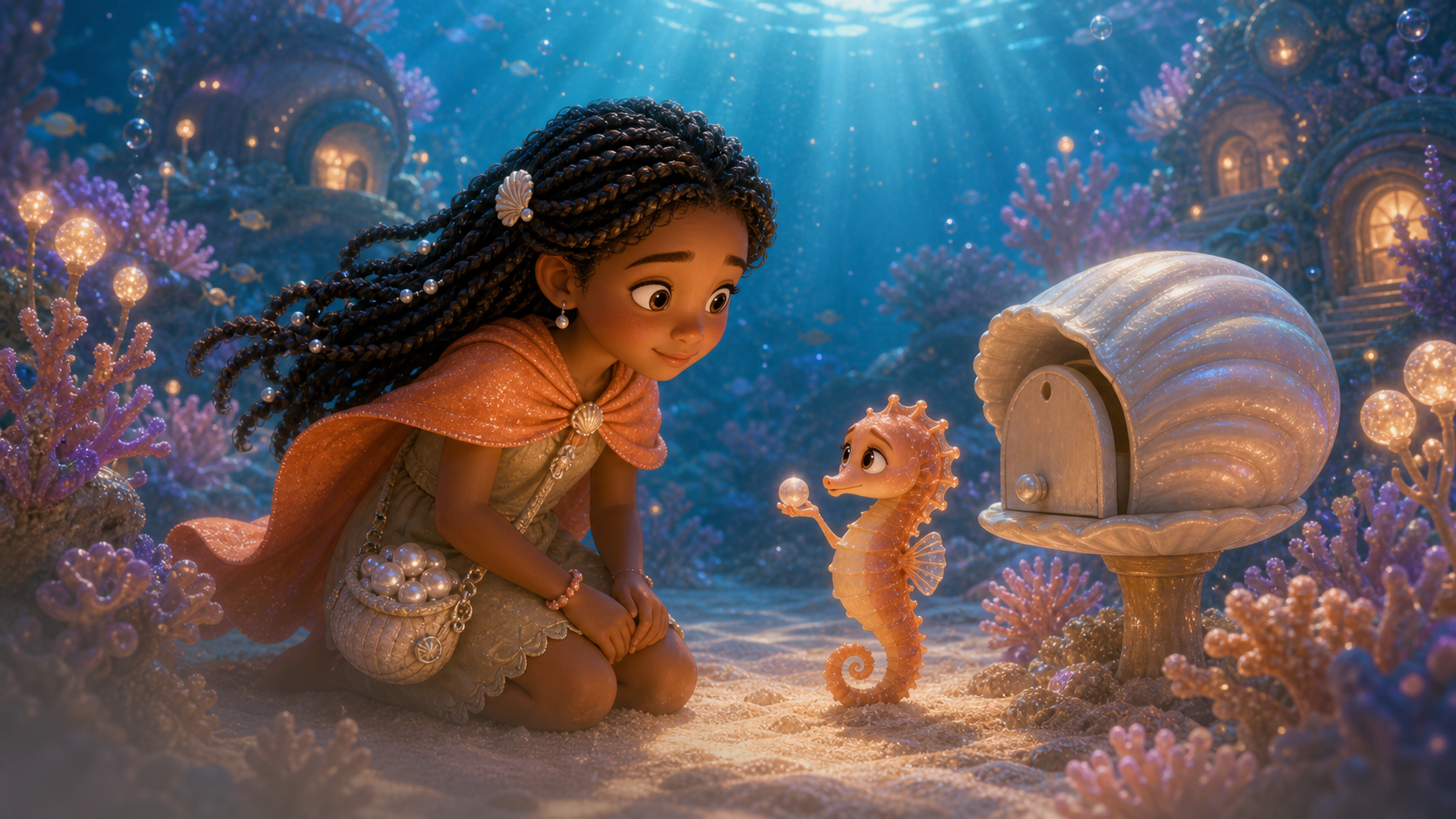 Mina meets a shy seahorse messenger beside a shell mailbox.