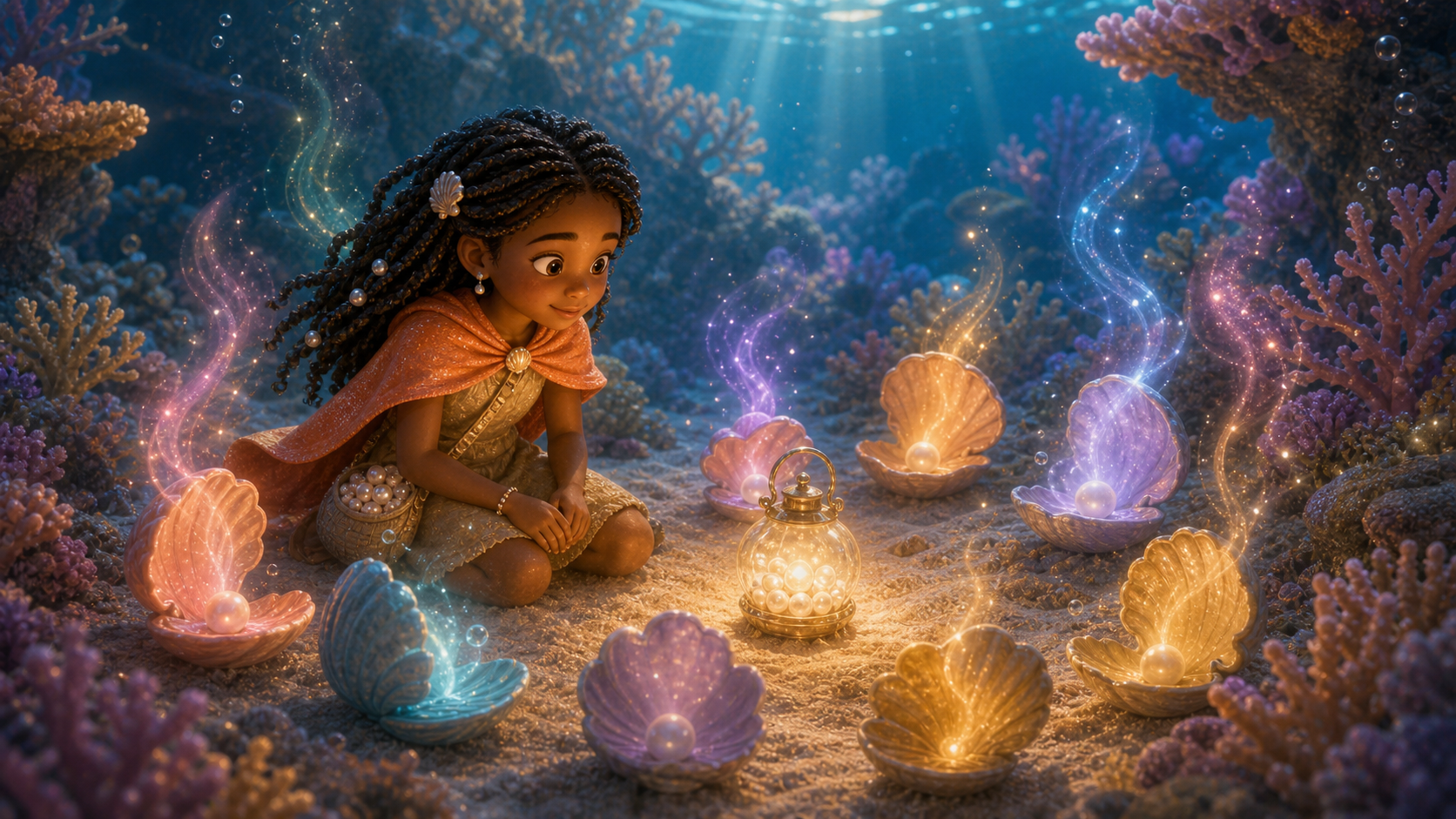 Mina listens to singing shells in the coral sand.