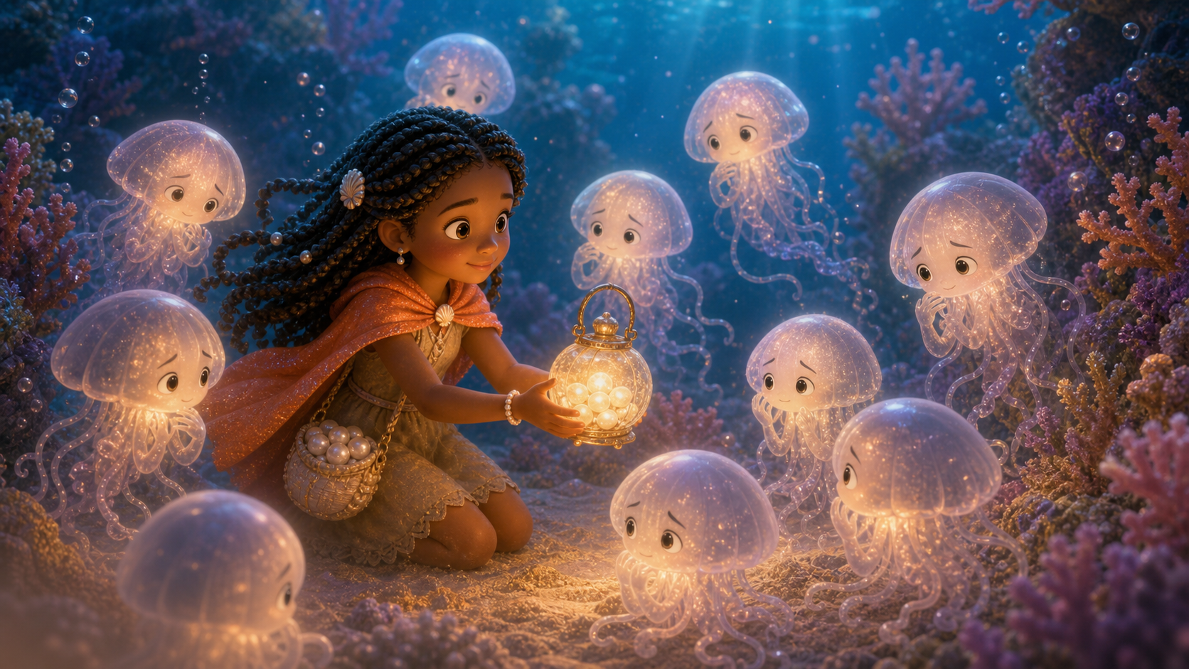 Mina calms nervous jellyfish with the pearl lantern.