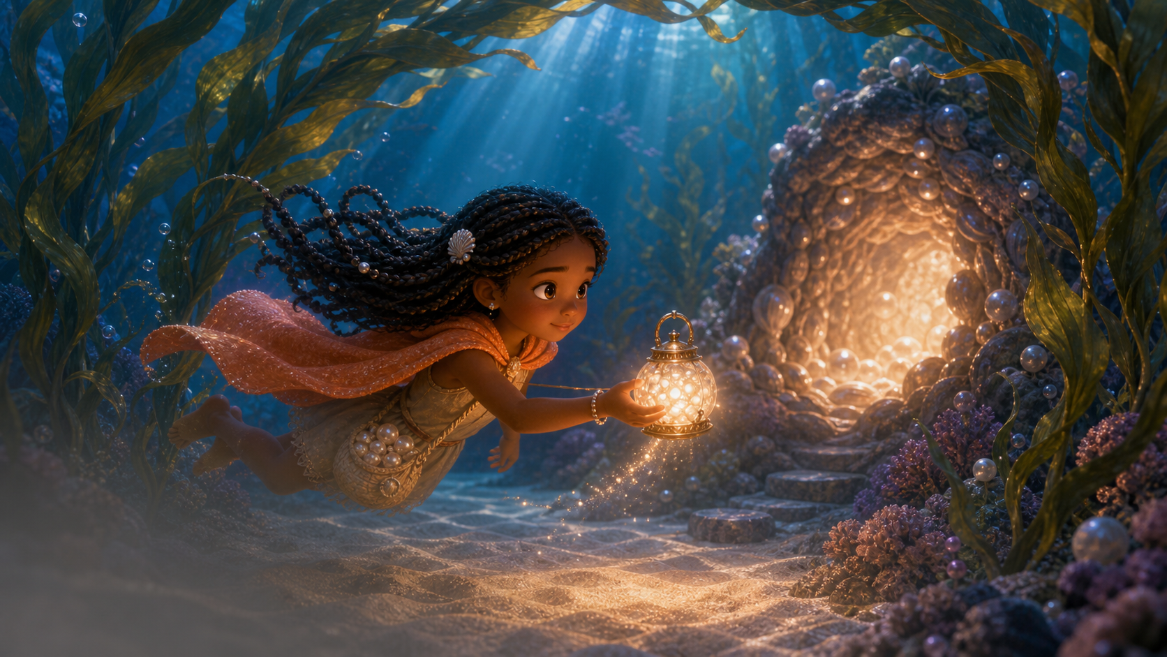Mina swims through a tall kelp arch toward a pearl cave.