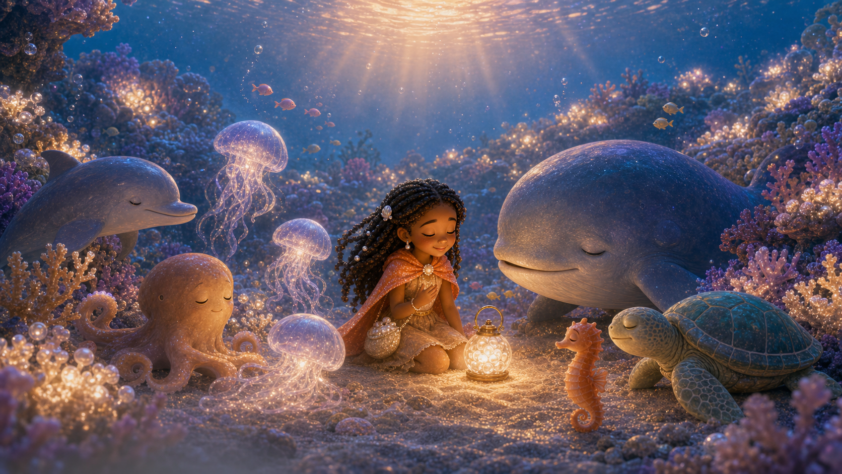 The reef glows again while Mina and friends listen together.
