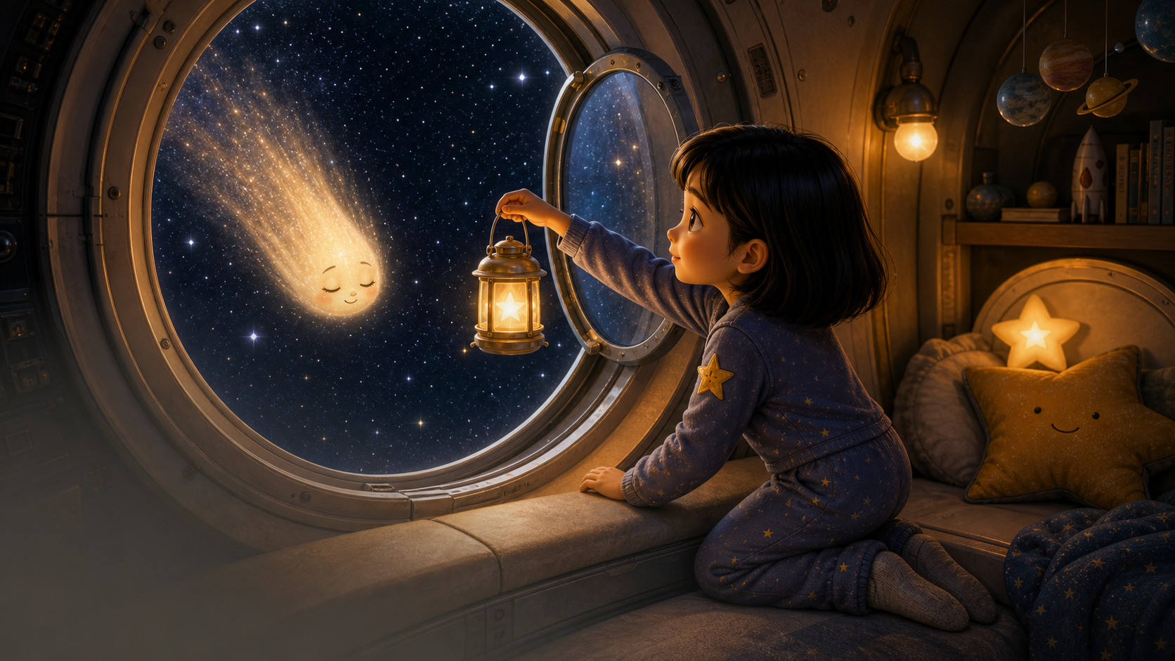 Sora opens the star window and waves with a lantern.