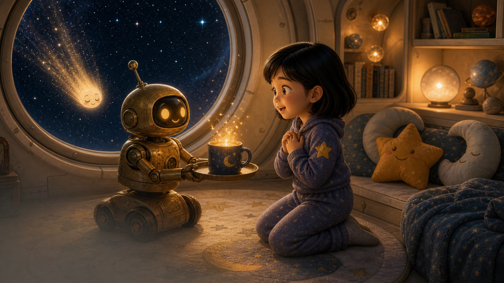 A small brass robot brings stardust cocoa to Sora.