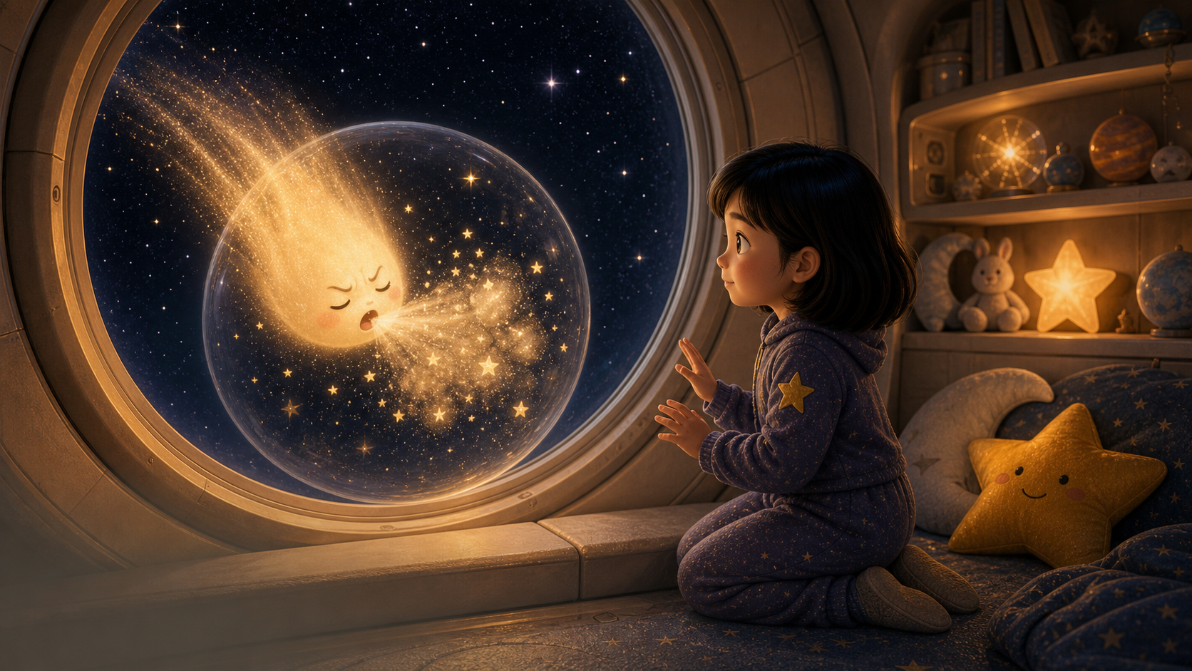 The sleepy comet sneezes sparks while Sora waits.